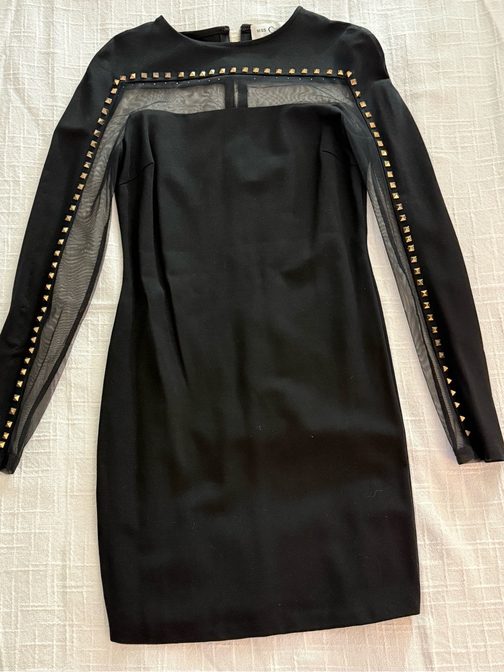 Black Long-Sleeve Mesh Panel Stud Dress
